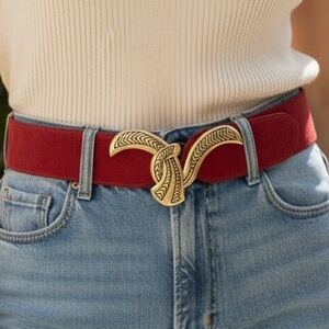 Vintage Red Suede Leather Wide Waist Belt w Gold Buckle |‎ 80s 90s Glam